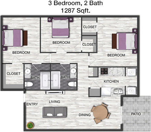 1,287 sq ft floorplan layout