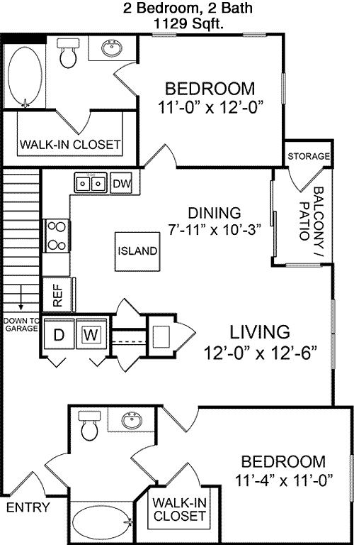 1,129 sq ft floorplan layout