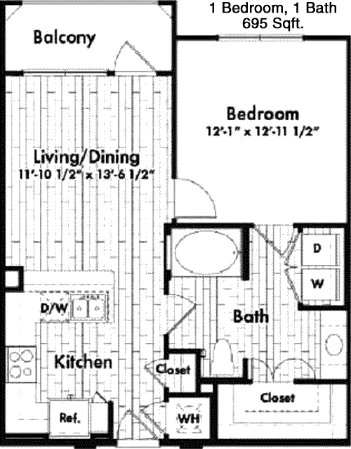 695 sq ft floorplan layout