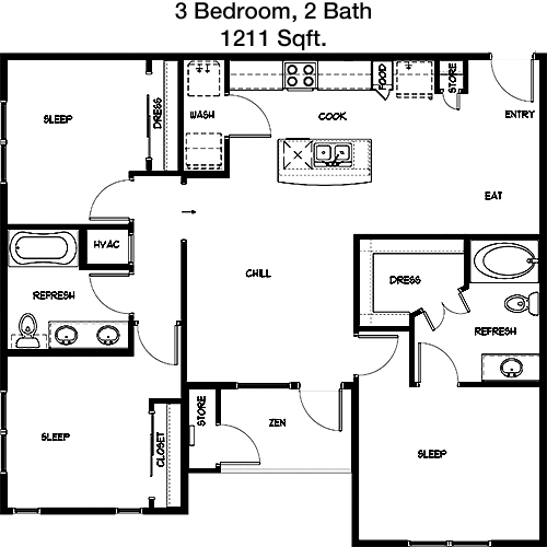1,211 sq ft floorplan layout