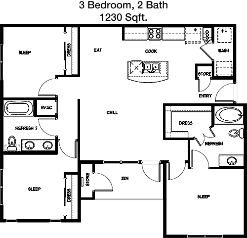 1,230 sq ft floorplan layout