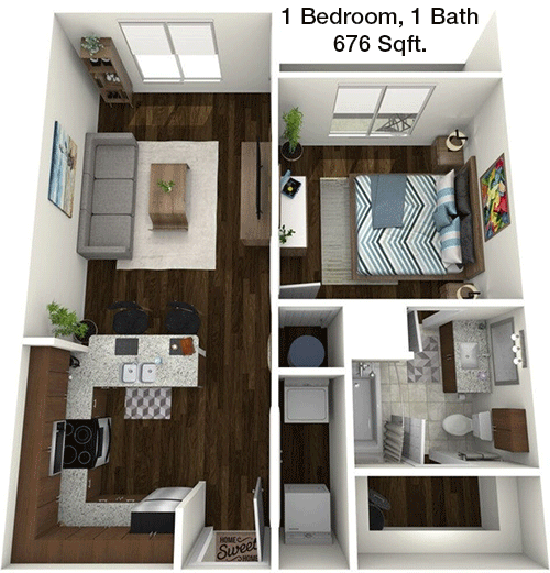 676 sq ft floorplan layout