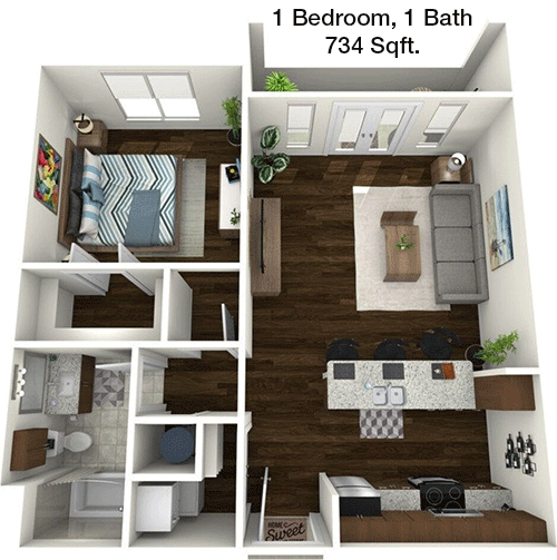734 sq ft floorplan layout