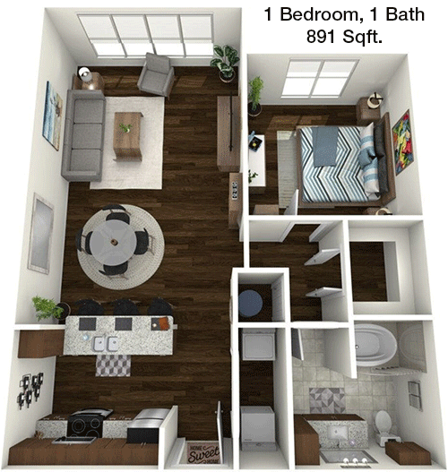 891 sq ft floorplan layout