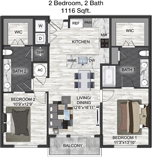 1,116 sq ft floorplan layout