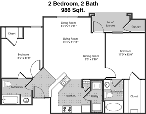 986 sq ft floorplan layout