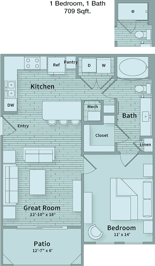 709 sq ft floorplan layout