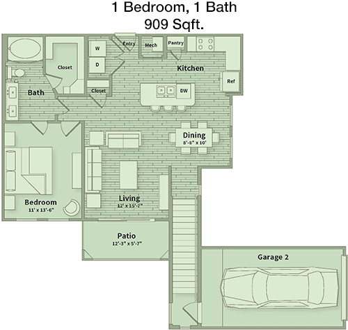 909 sq ft floorplan layout