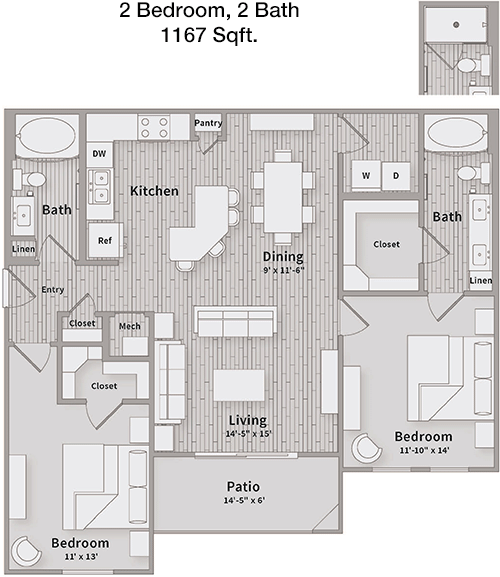 1,167 sq ft floorplan layout