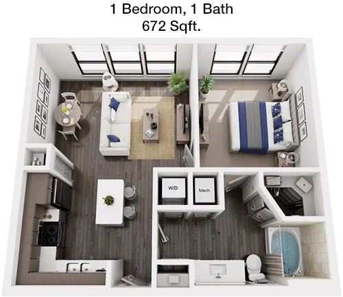 672 sq ft floorplan layout