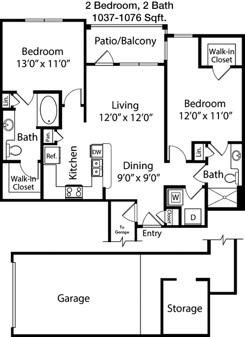 1,037 sq ft floorplan layout