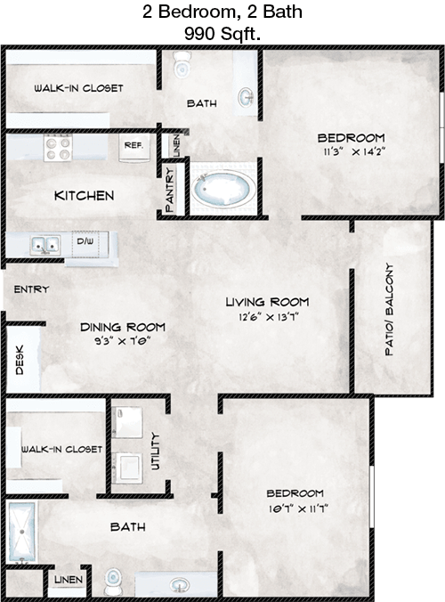 990 sq ft floorplan layout