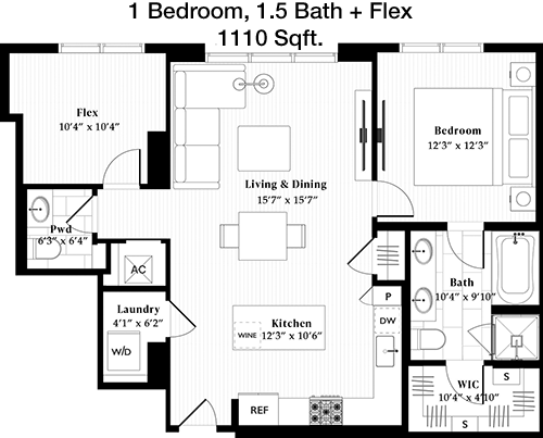 1,110 sq ft floorplan layout