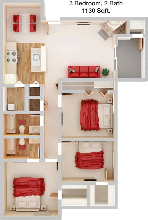 1,130 sq ft floorplan layout