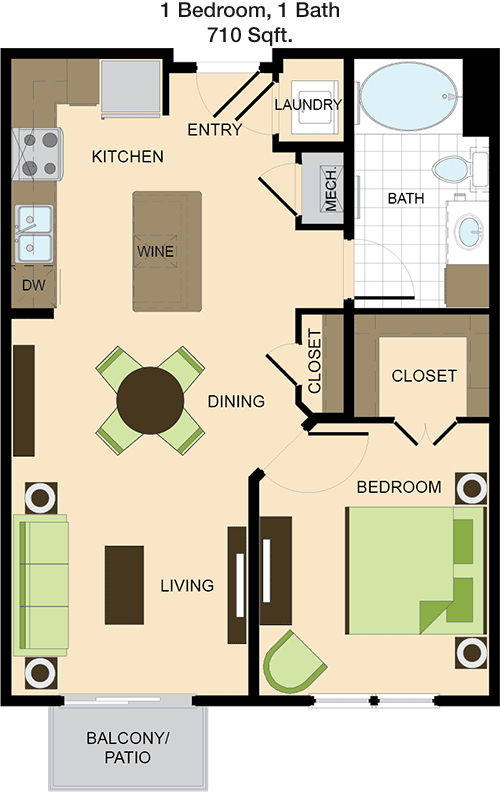 710 sq ft floorplan layout