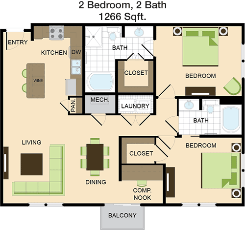1,266 sq ft floorplan layout