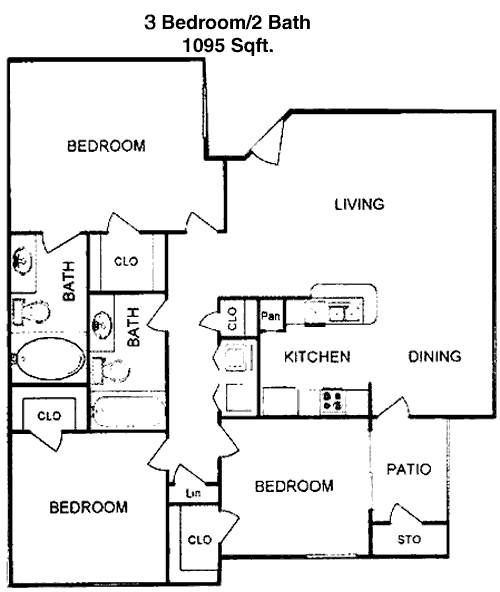 1,095 sq ft floorplan layout