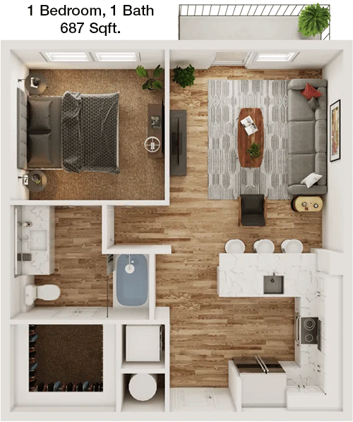 687 sq ft floorplan layout