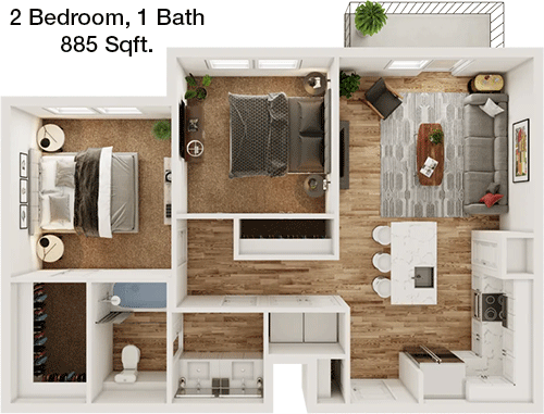 885 sq ft floorplan layout