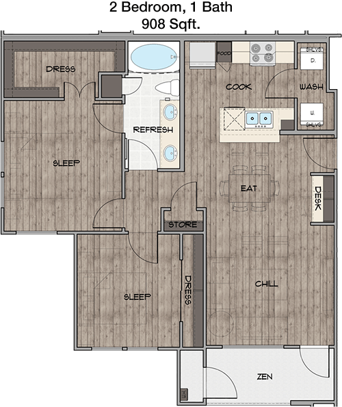 908 sq ft floorplan layout