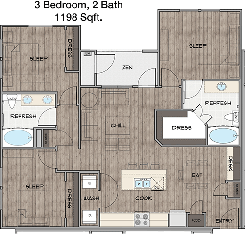 1,198 sq ft floorplan layout