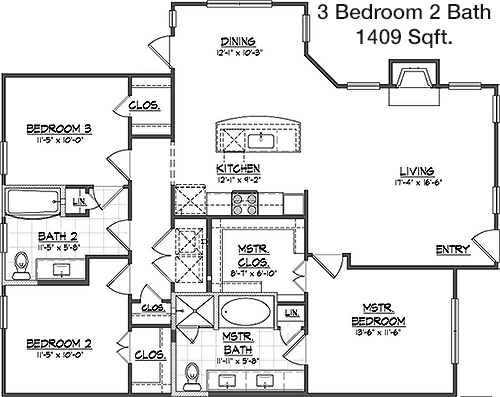 1,409 sq ft floorplan layout