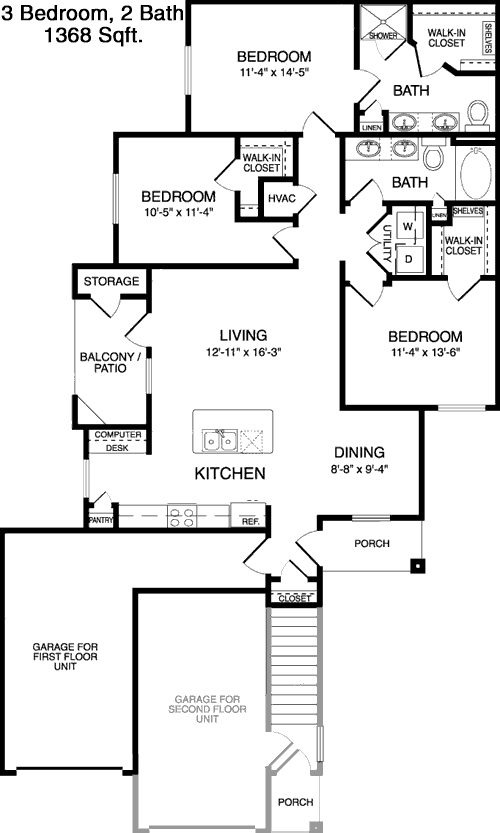 1,368 sq ft floorplan layout