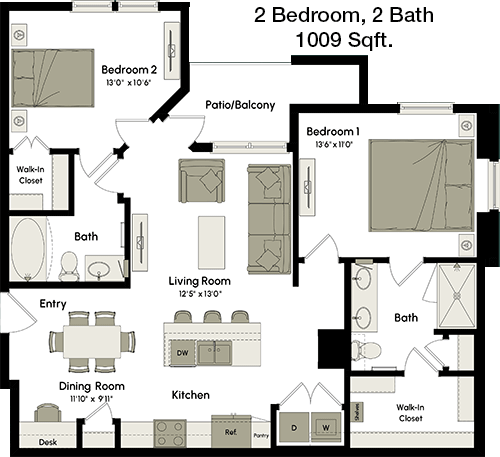 1,009 sq ft floorplan layout