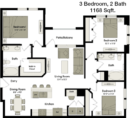 1,168 sq ft floorplan layout