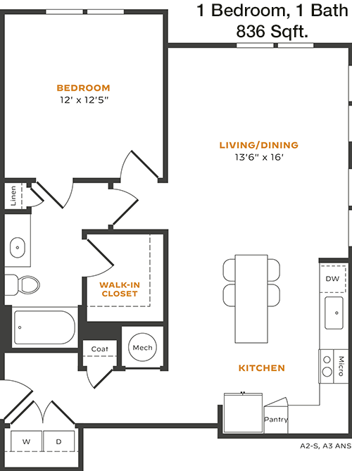 836 sq ft floorplan layout