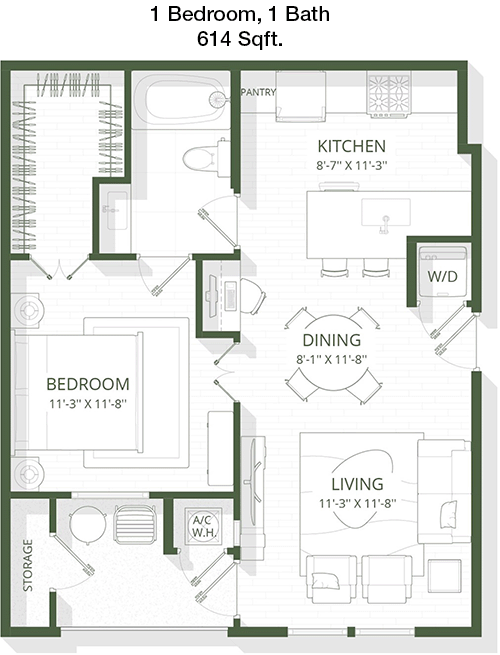614 sq ft floorplan layout