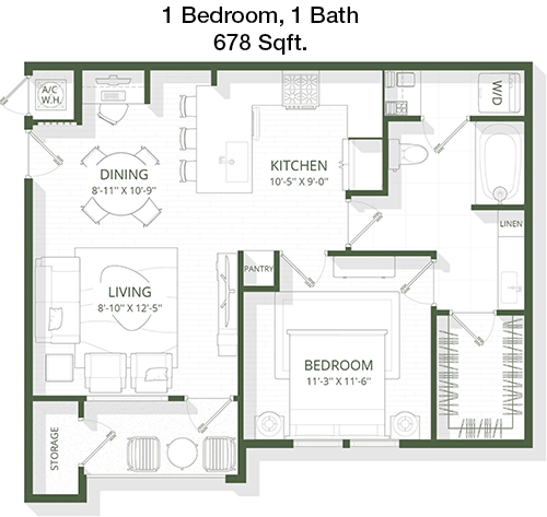 678 sq ft floorplan layout