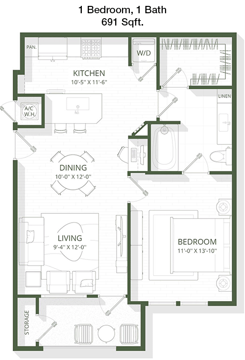 691 sq ft floorplan layout