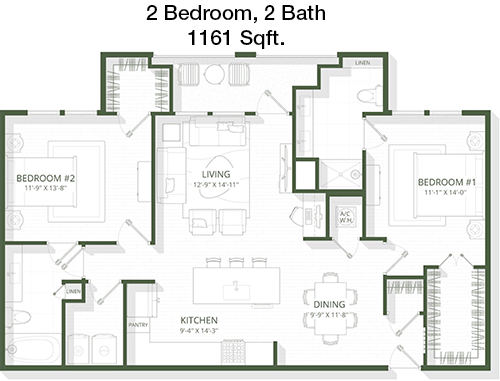 1,161 sq ft floorplan layout