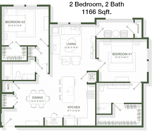 1,166 sq ft floorplan layout