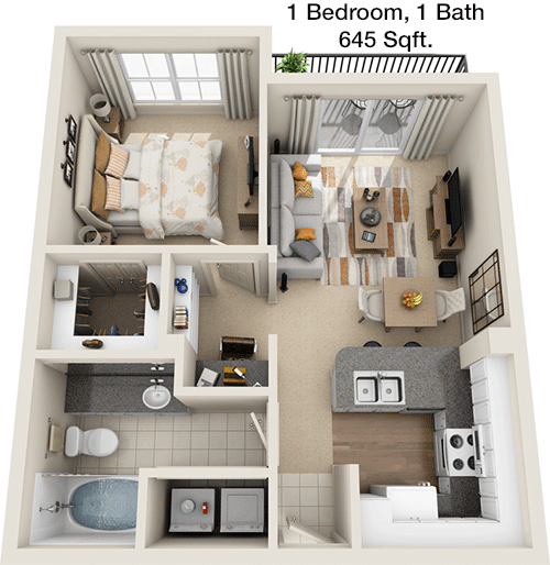 645 sq ft floorplan layout