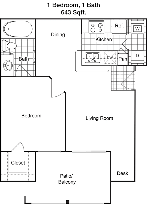 643 sq ft floorplan layout