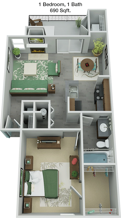 690 sq ft floorplan layout