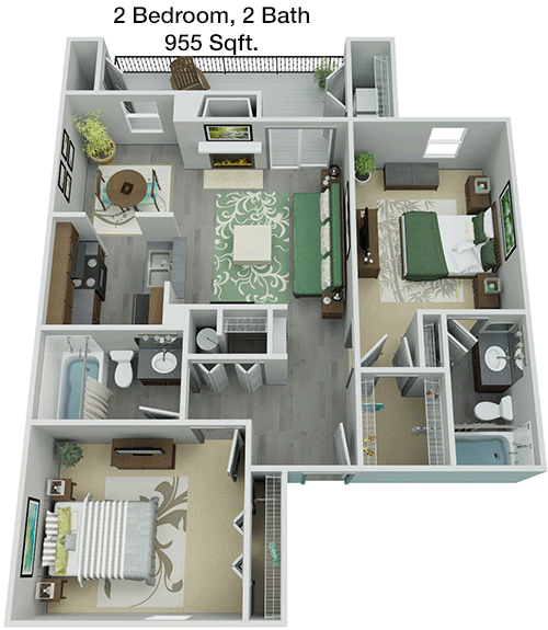 955 sq ft floorplan layout