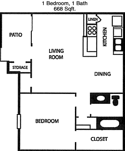 668 sq ft floorplan layout
