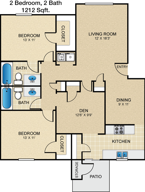 1,212 sq ft floorplan layout