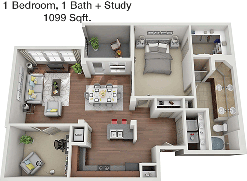 1,099 sq ft floorplan layout