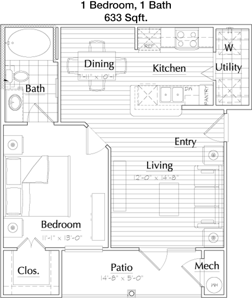 633 sq ft floorplan layout