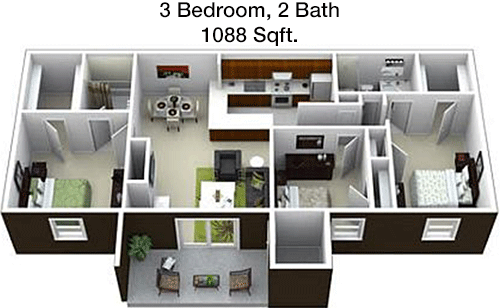 1,088 sq ft floorplan layout