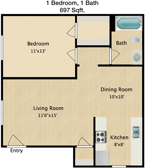 697 sq ft floorplan layout