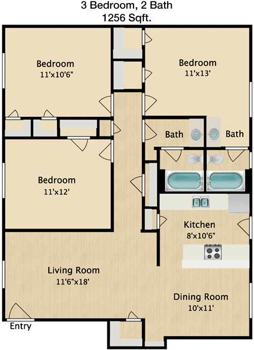 1,256 sq ft floorplan layout