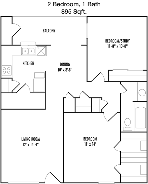 895 sq ft floorplan layout