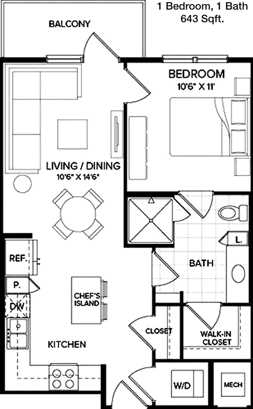 643 sq ft floorplan layout