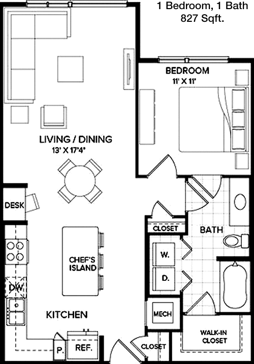 827 sq ft floorplan layout