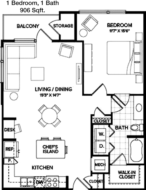 906 sq ft floorplan layout